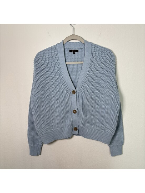 Quince Sweaters - Quince 100% Organic Cotton Fisherman Boxy Cropped Cardigan Size XS Sky Blue EUC
